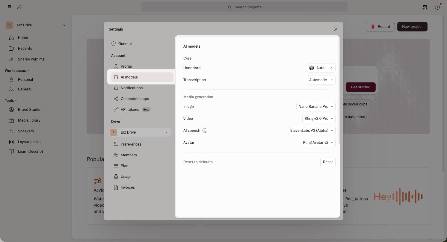 The AI models settings panel showing model selection for Underlord, Transcription, and generative media