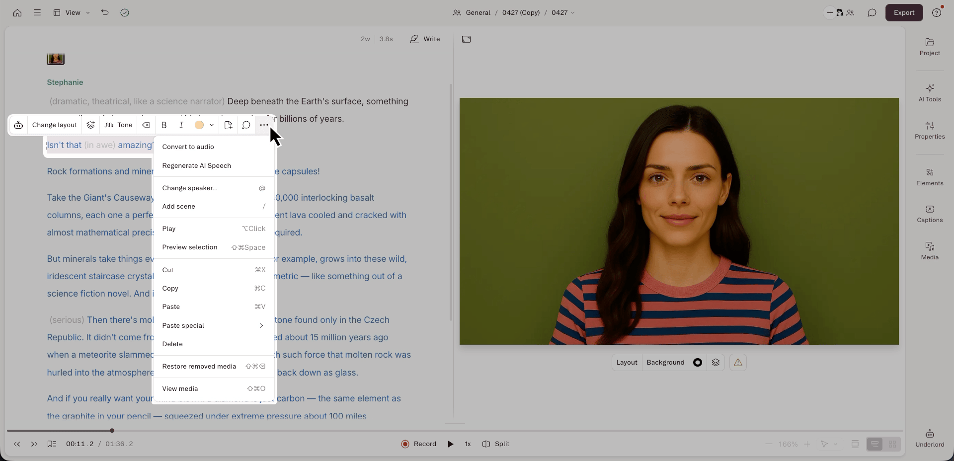 Convert to audio option in the script hover menu