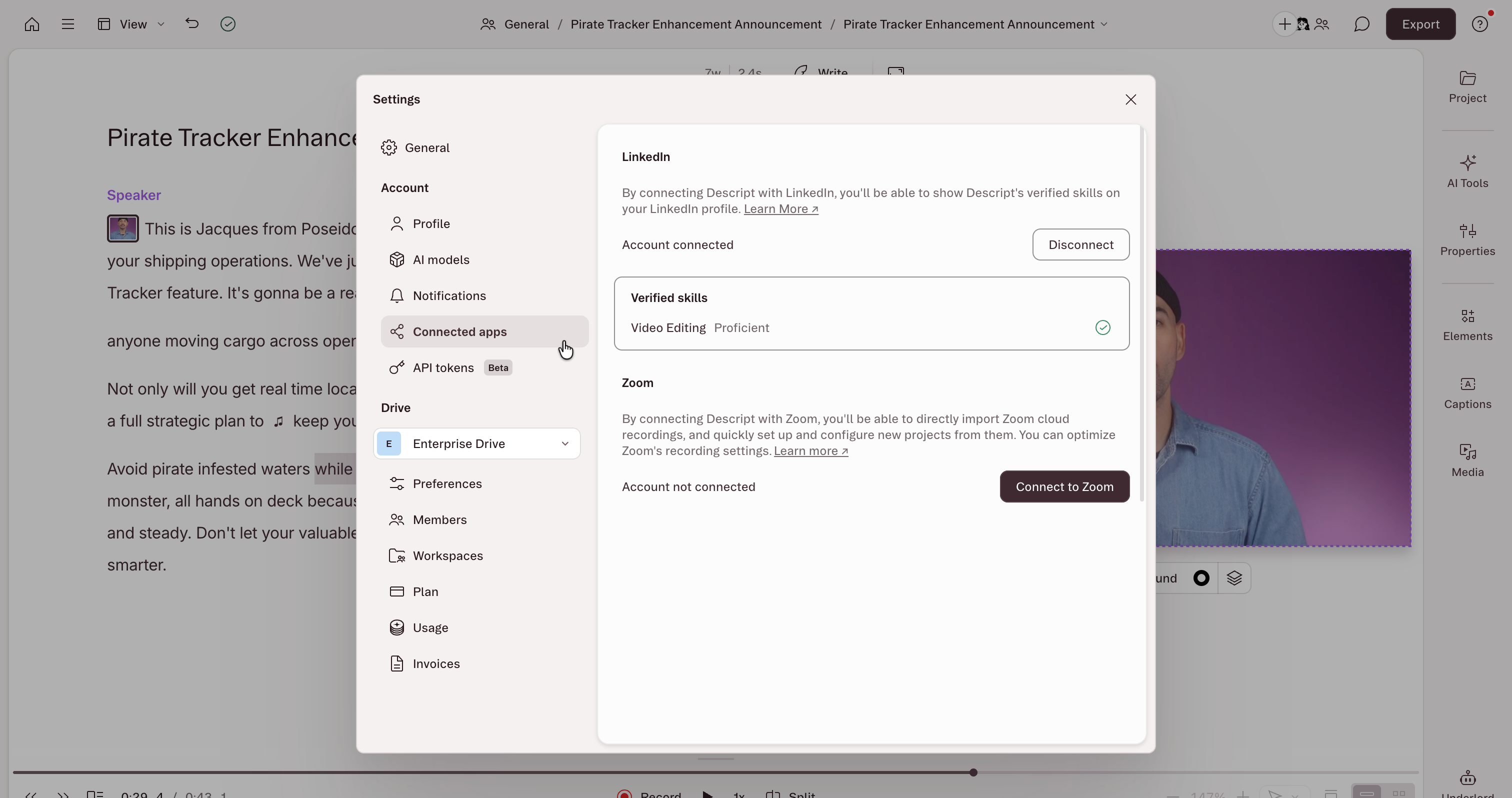 App settings showing connected apps