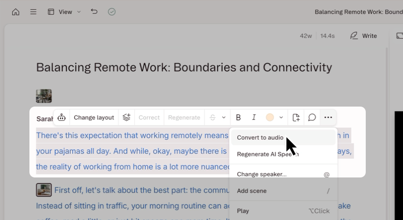 Convert to audio option in the clip context menu