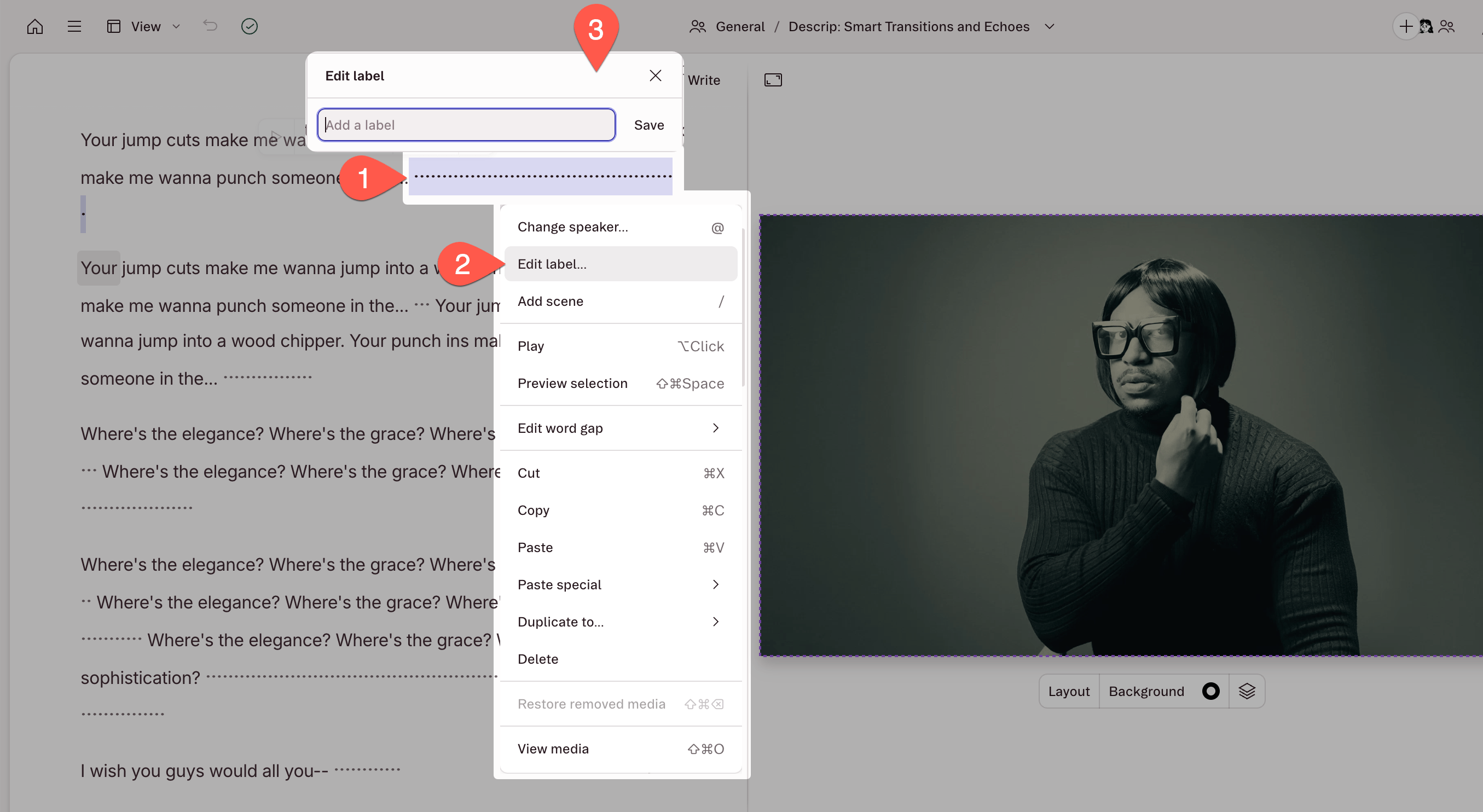 Right-click menu showing Edit label option on wordless media in the script
