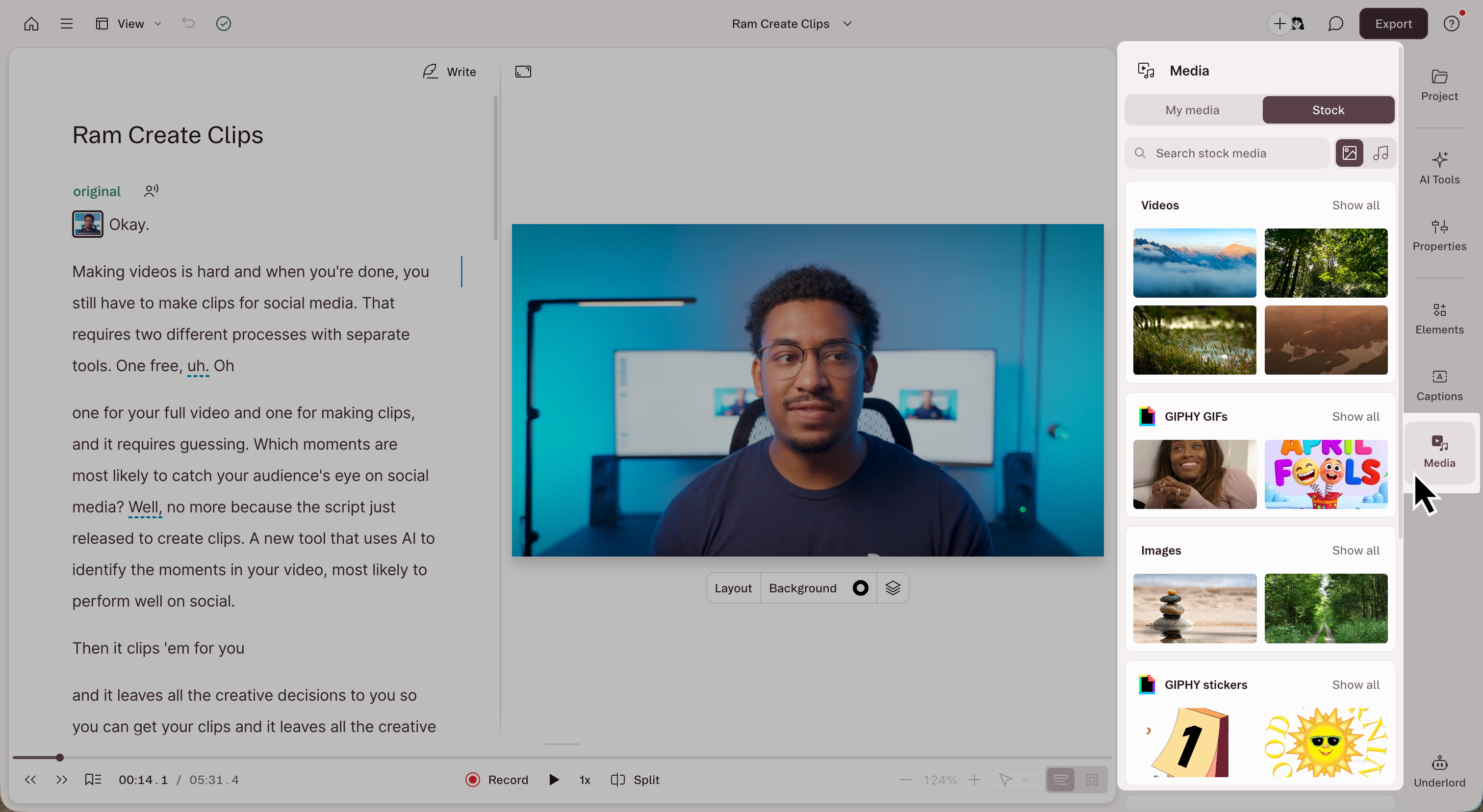 Media panel open in the Descript editor sidebar