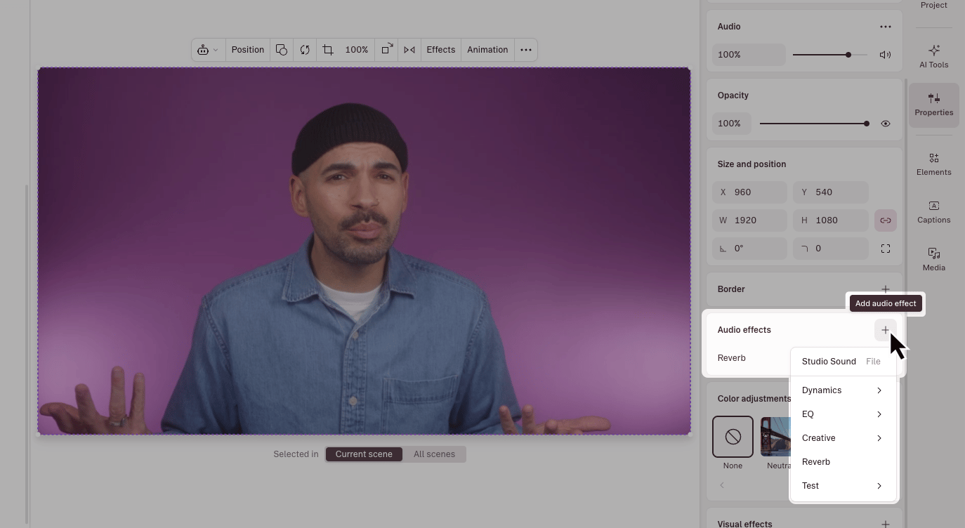 Adding an audio effect from the Properties panel
