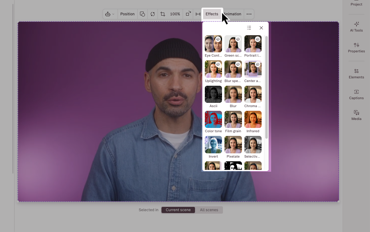 Effects drawer in the Descript scene editor