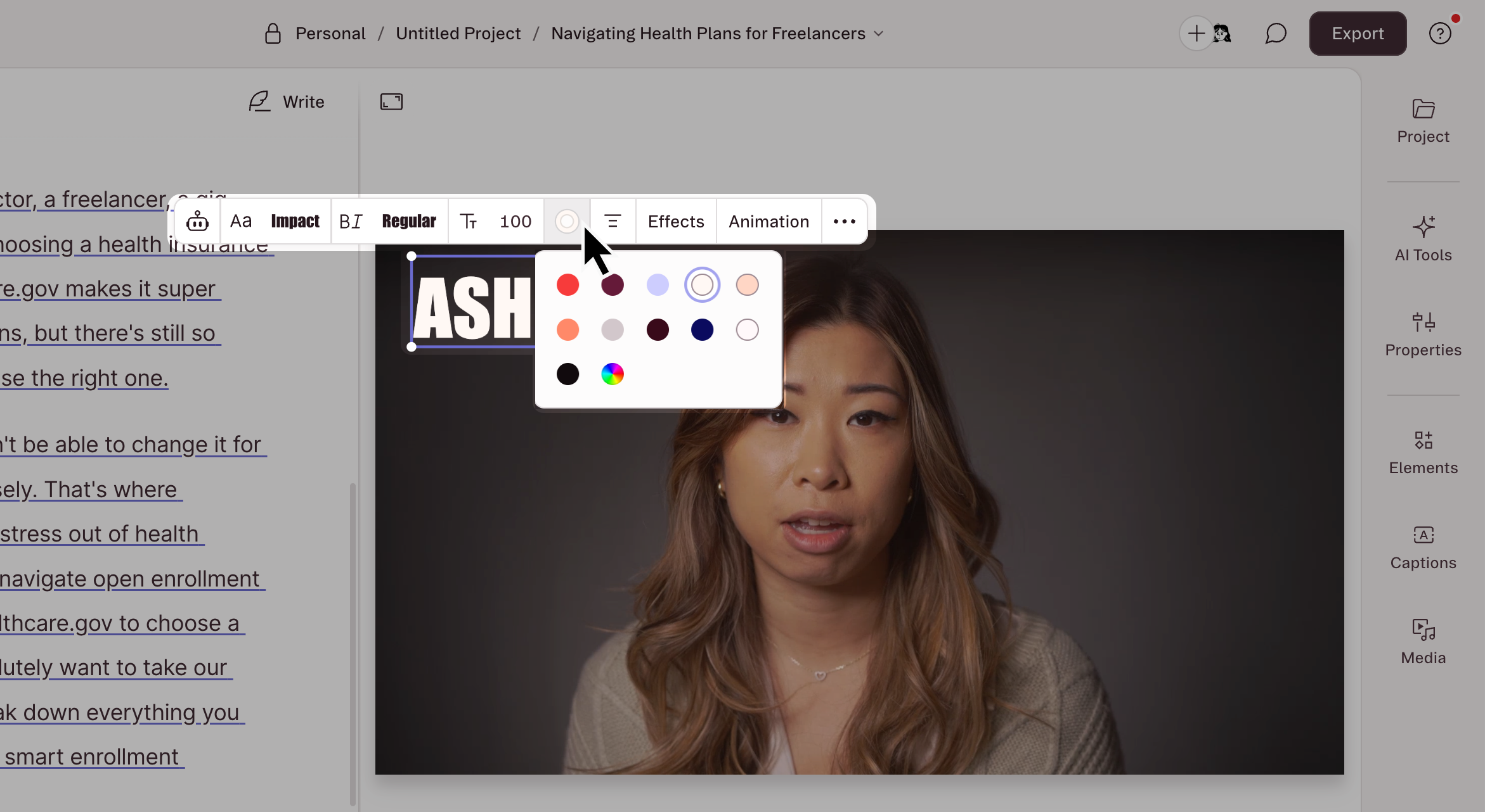 Fill picker open on the Solid tab, showing color swatches and the rainbow swatch for custom colors.
