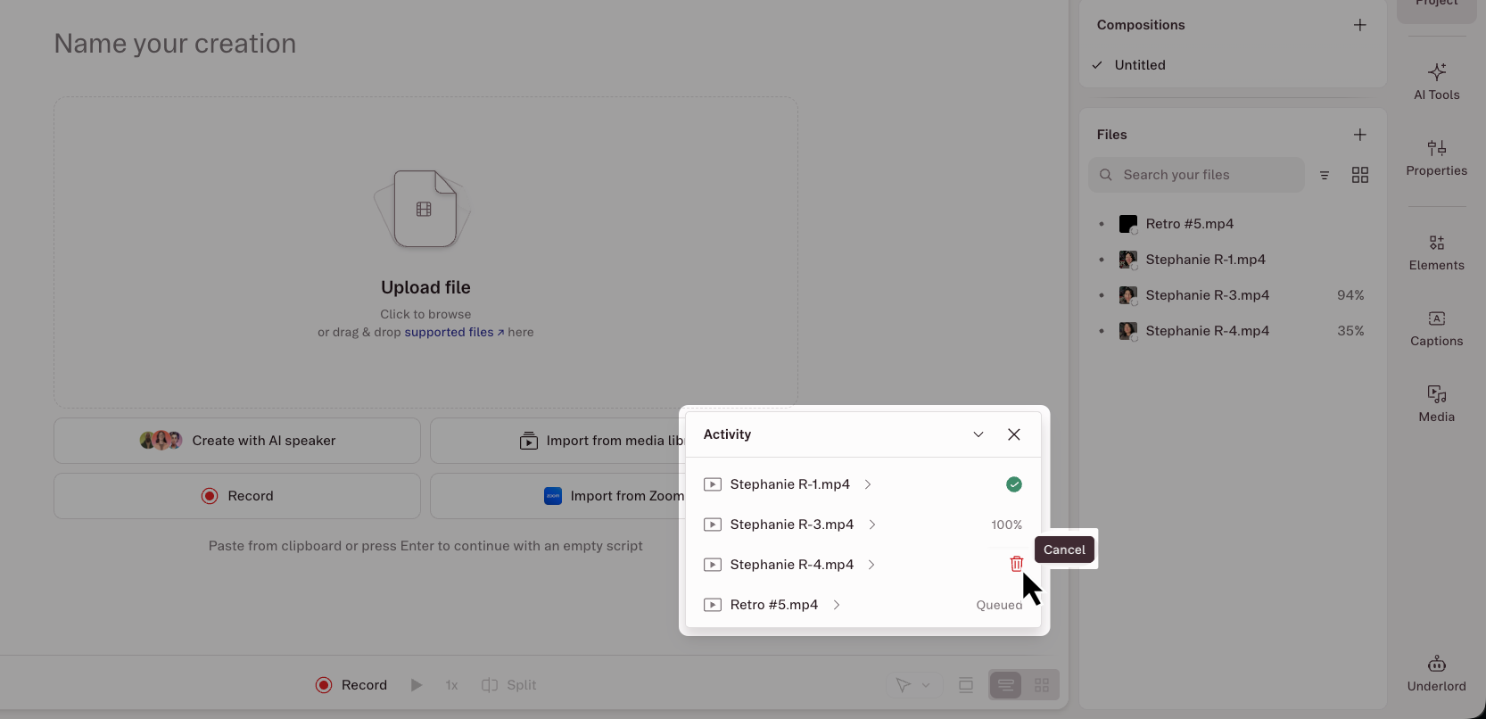 The Activity panel showing the trash icon on an in-progress file row