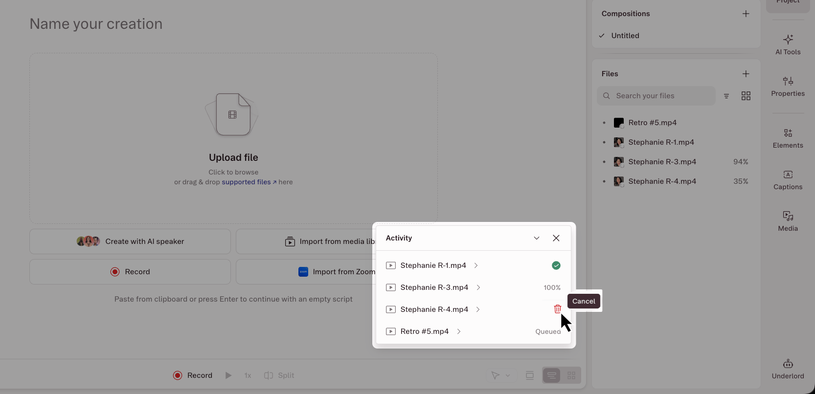 The Activity panel showing the trash icon on an in-progress file row