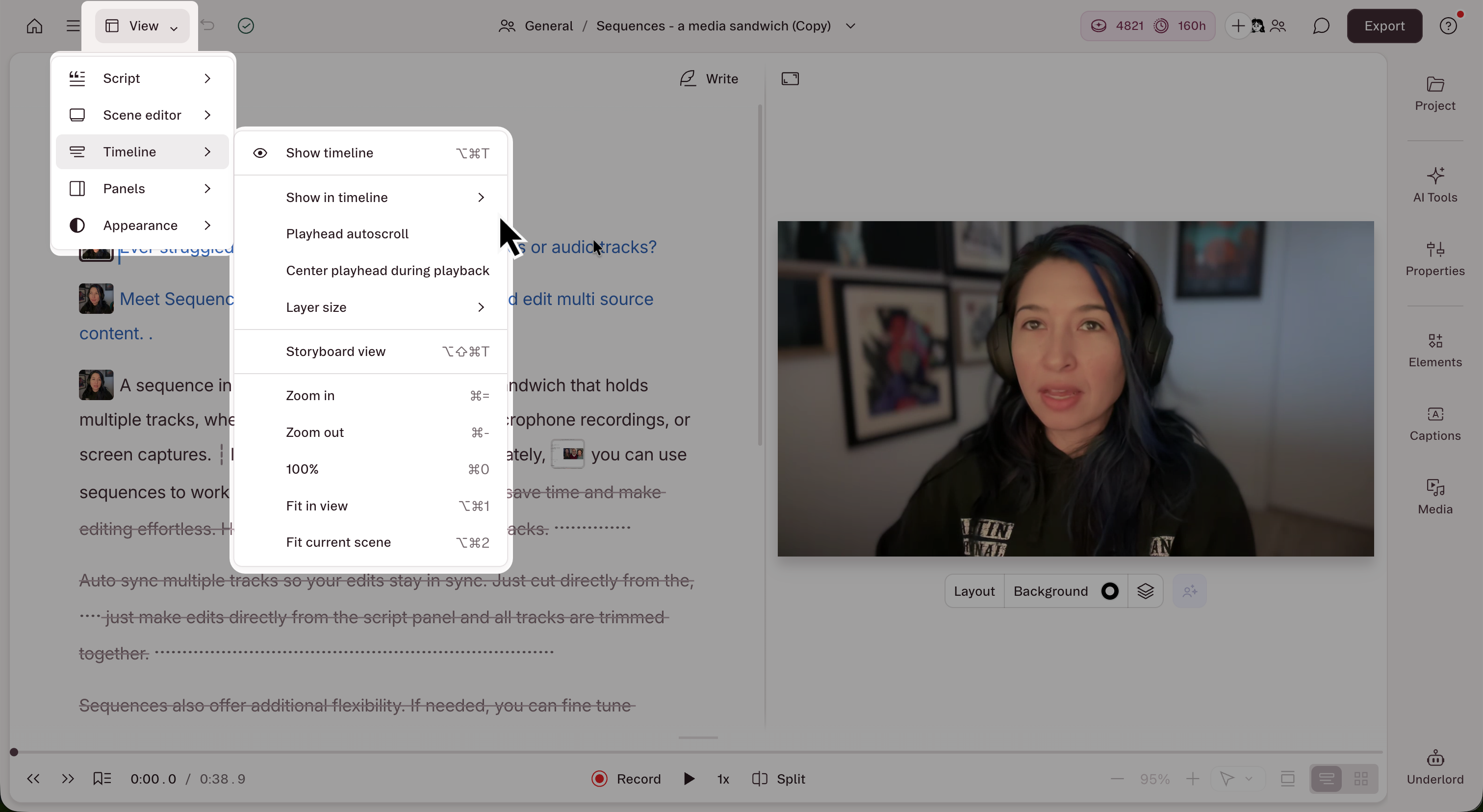 Timeline settings in the View menu