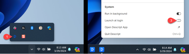 Launch at login toggle in Descript Screen Recorder settings on Windows