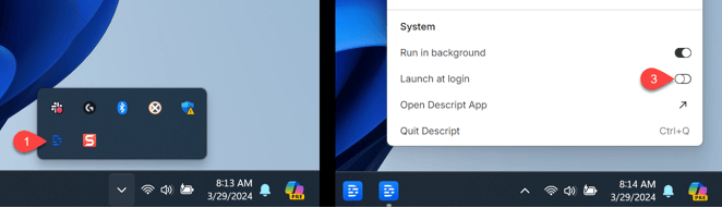 Launch at login toggle in Descript Screen Recorder settings on Windows