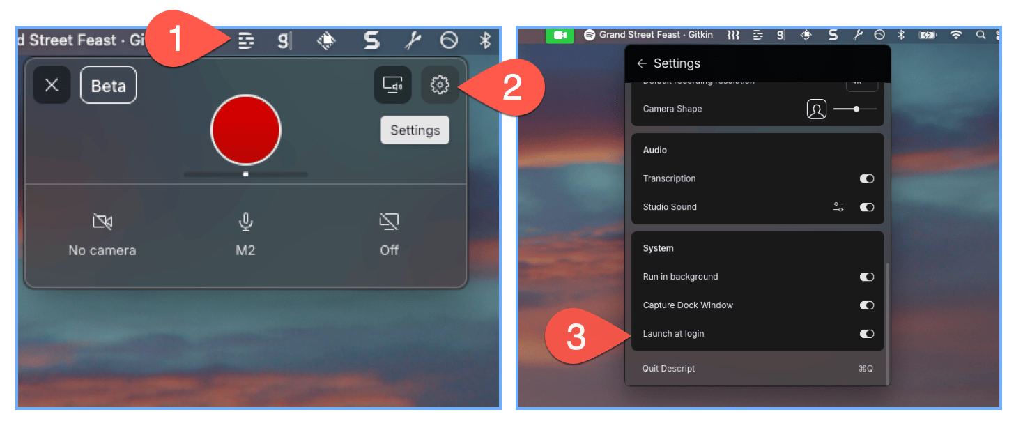 Launch at login toggle in Descript Screen Recorder settings on macOS