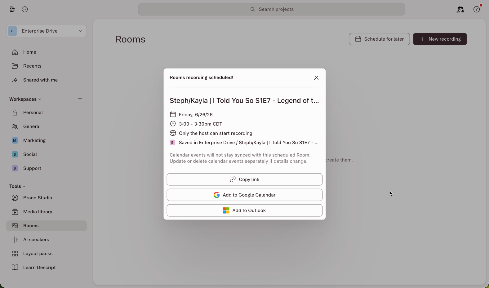 Scheduled Rooms event details with invite link