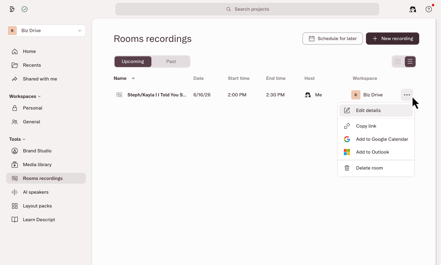 Actions menu on a scheduled Rooms session