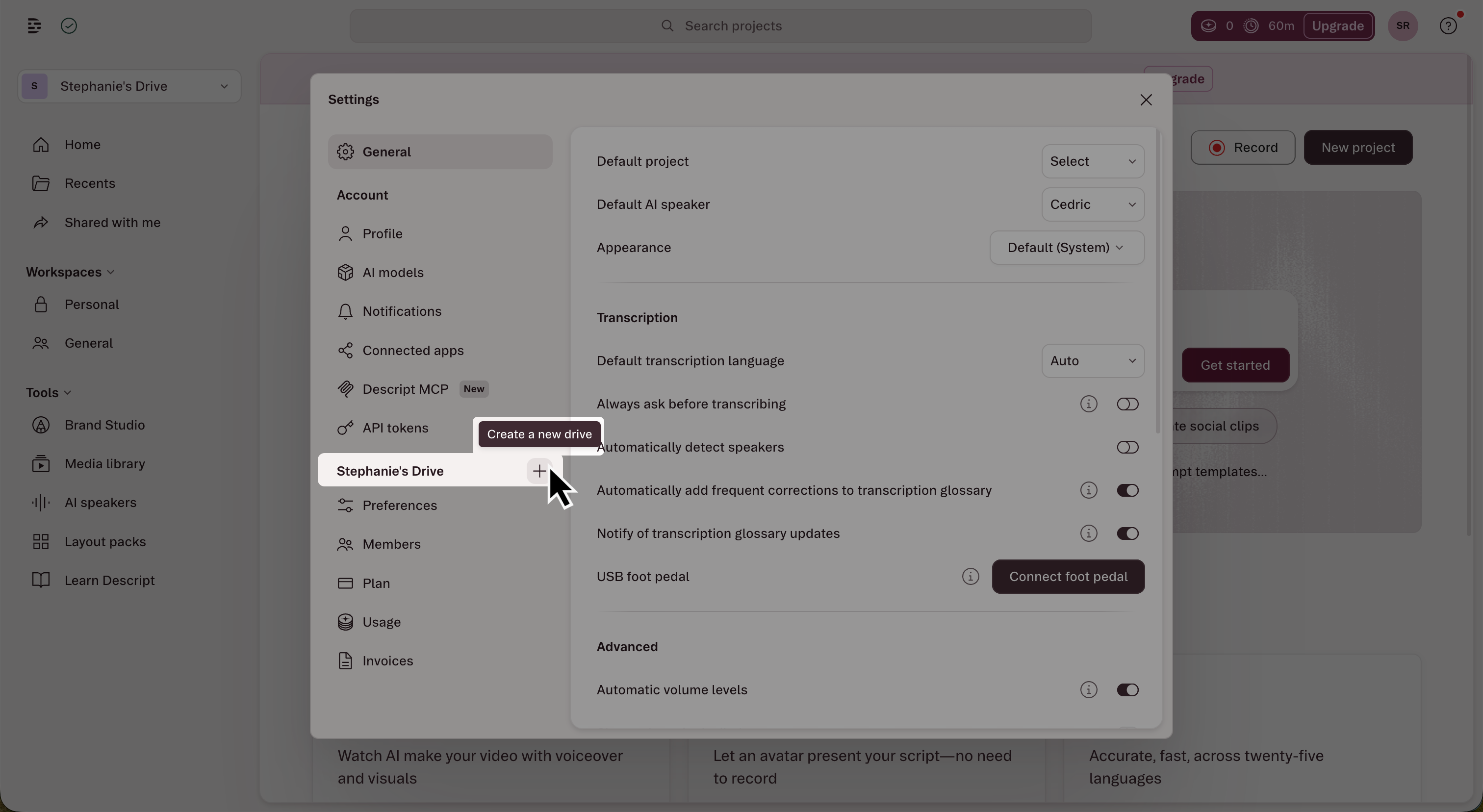 Creating a new drive in Descript Settings