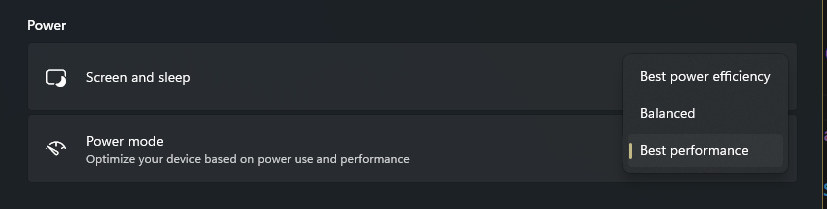 Windows power mode set to Best performance
