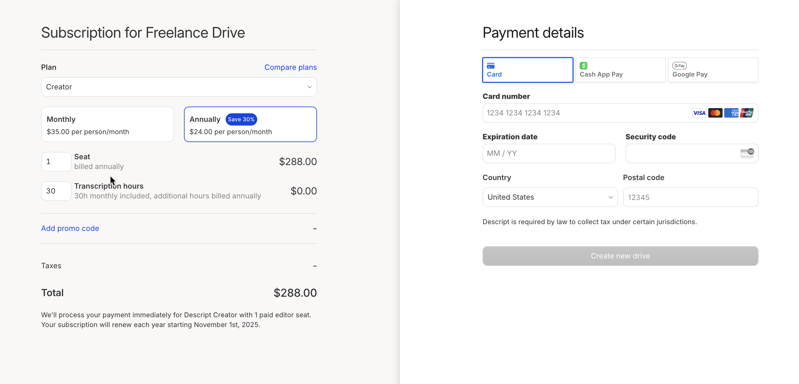 Create new drive confirmation screen