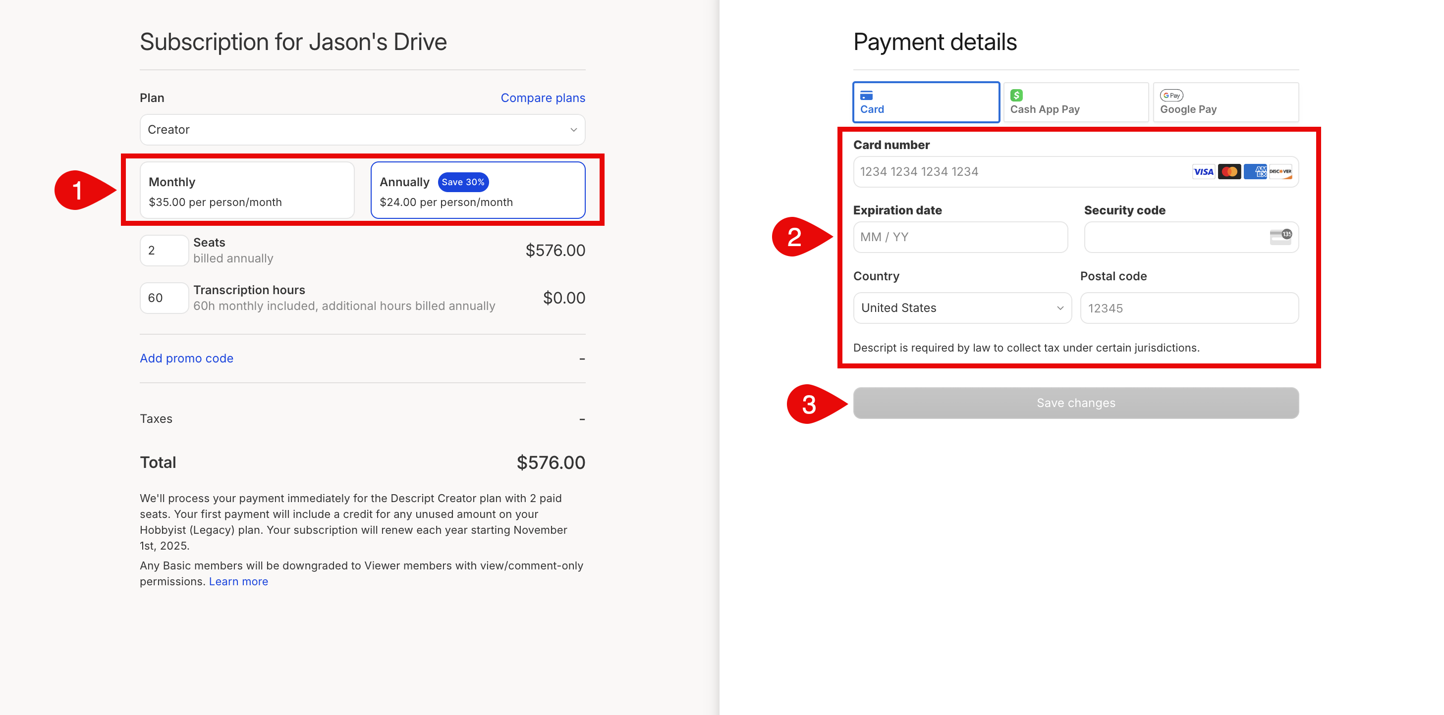 Save changes button in Subscription tab