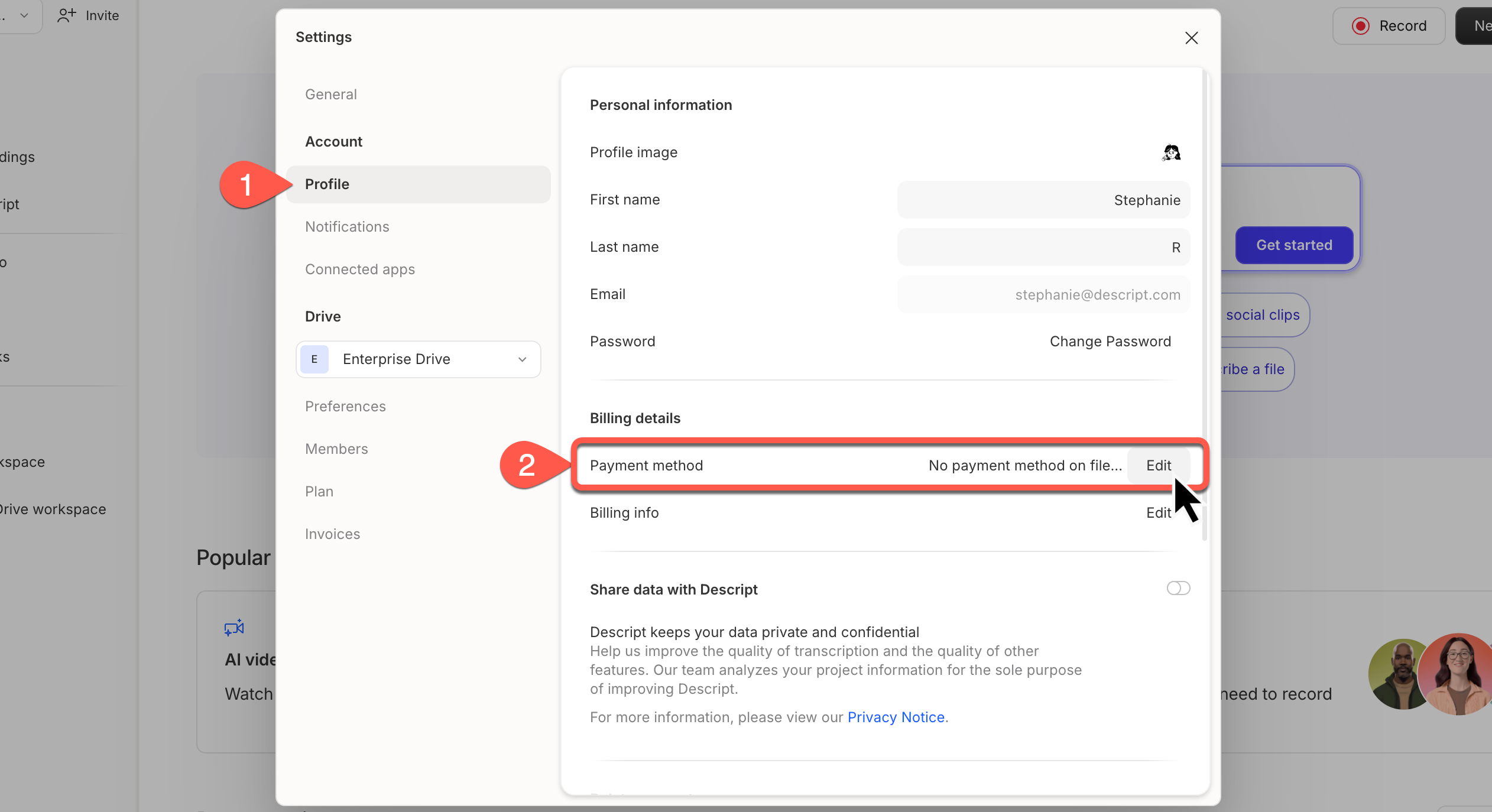 Edit the payment method from the Profile tab of the account settings. Press Esc to close.