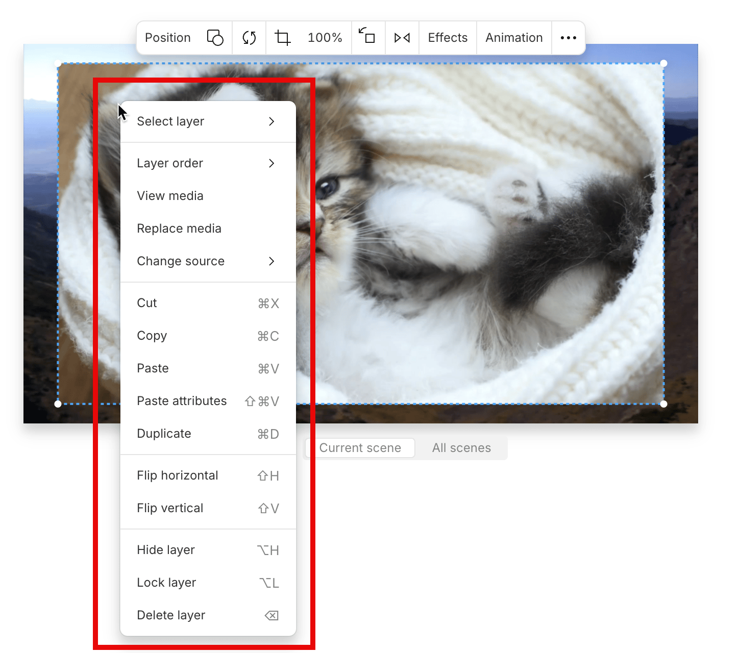 Right-click visual options menu in Descript scene editor
