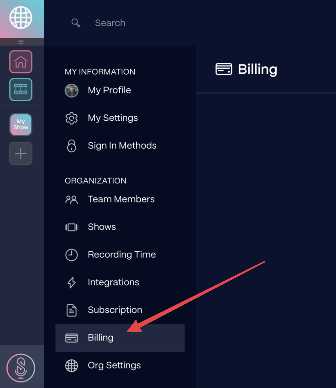 Billing tab in SquadCast settings