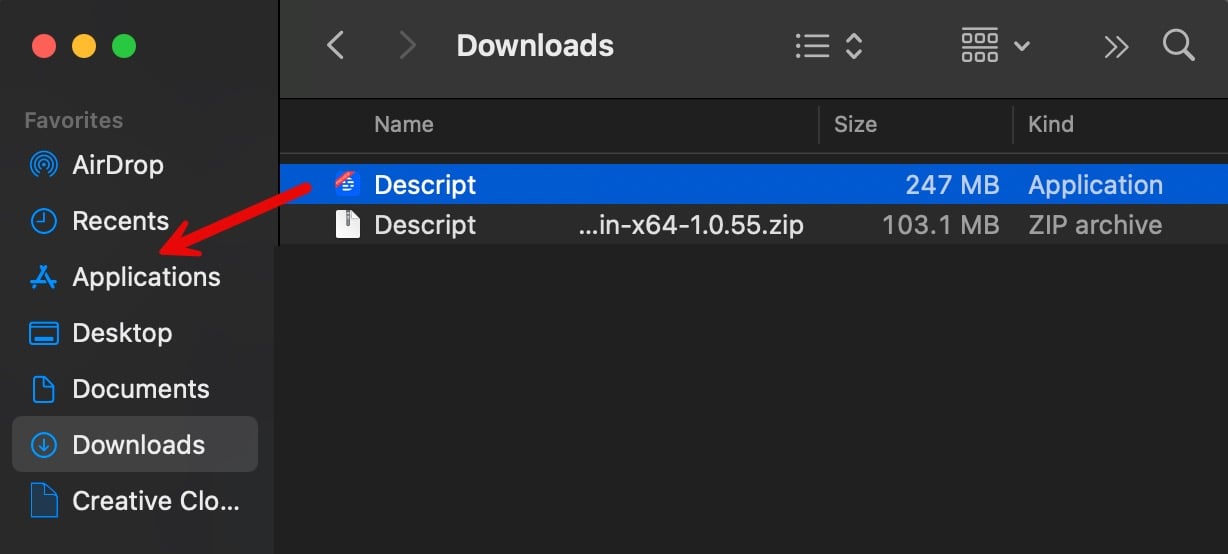 Descript app being dragged to the Applications folder