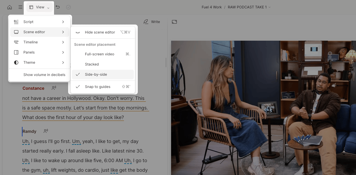 Menu option for switching between side-by-side and stacked editor layouts