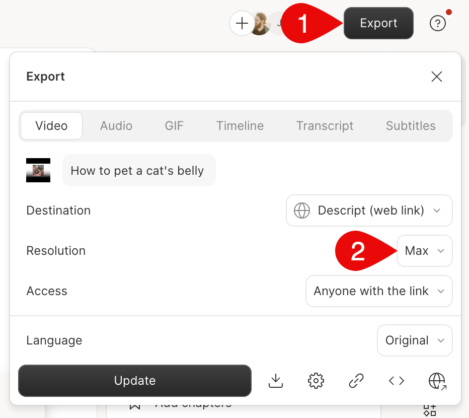 Select resolution in export panel
