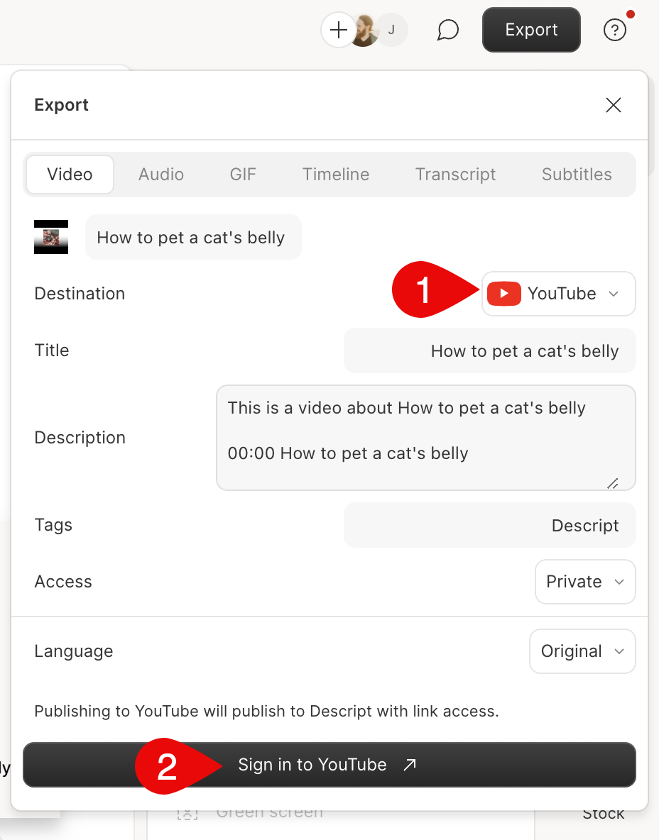 YouTube selected as export destination