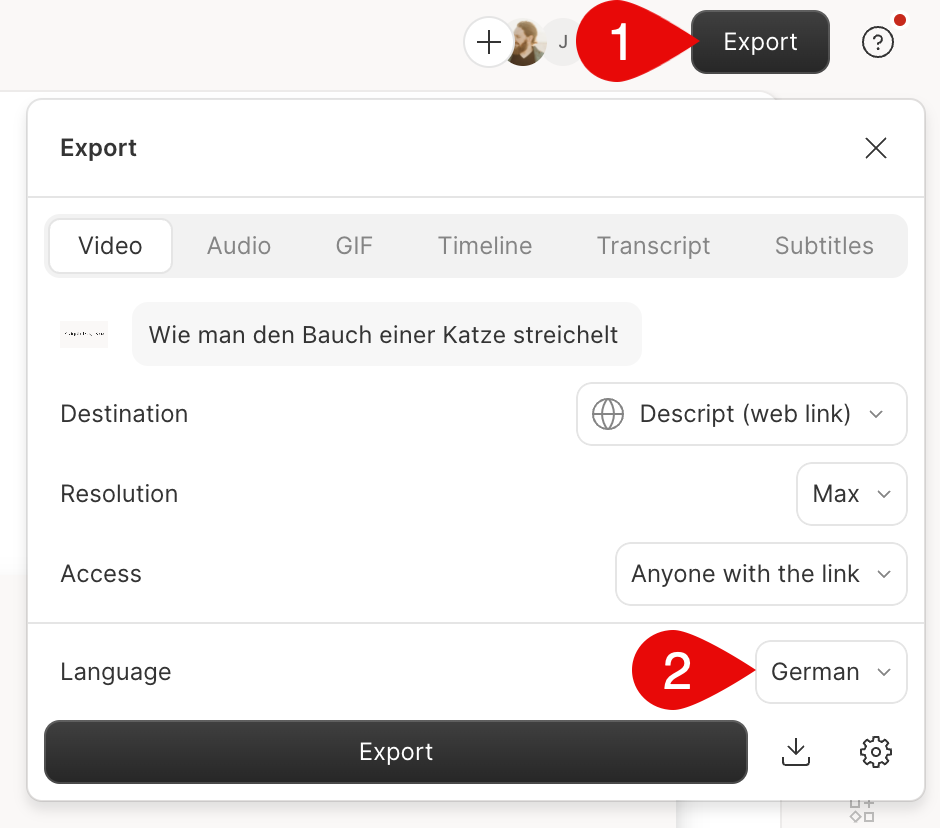 Select a single translation to export in Descript