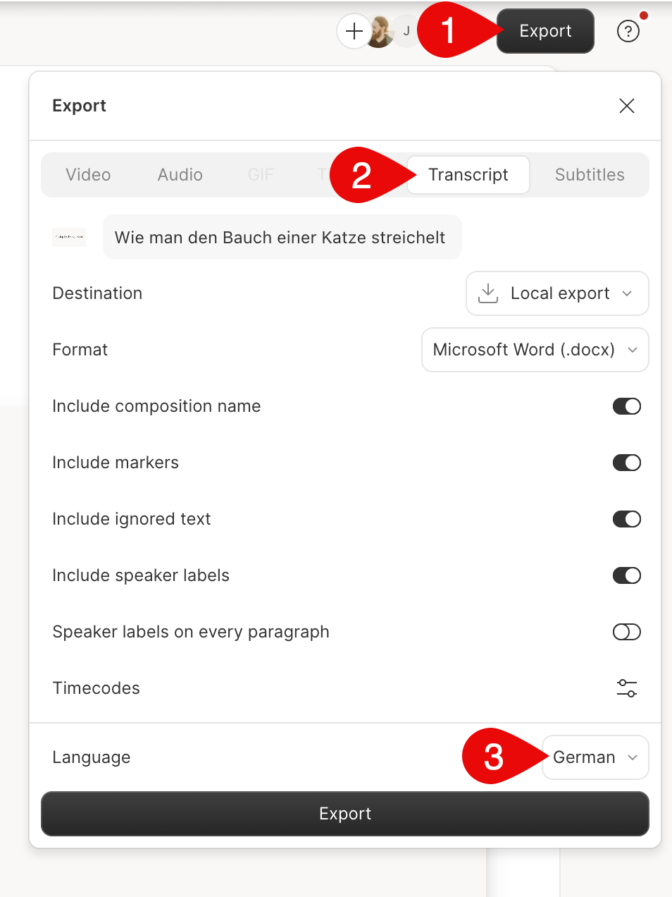 Export subtitles or transcripts in Descript export menu