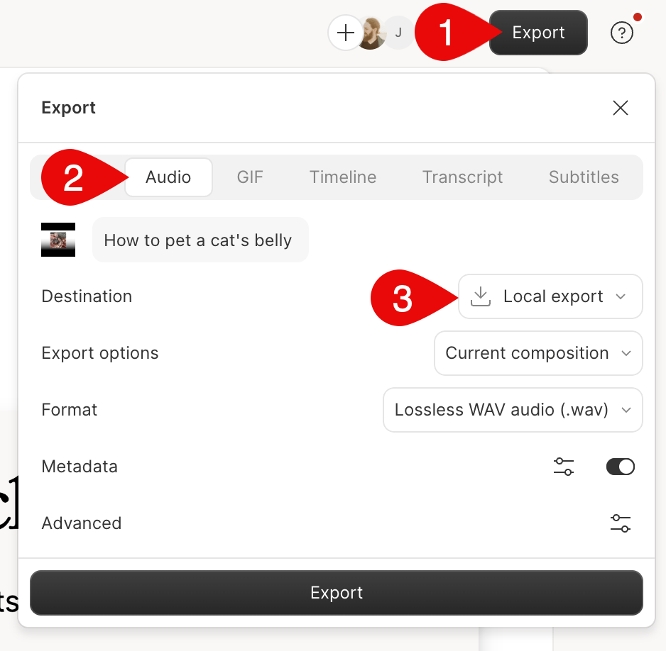 Export audio settings in Descript