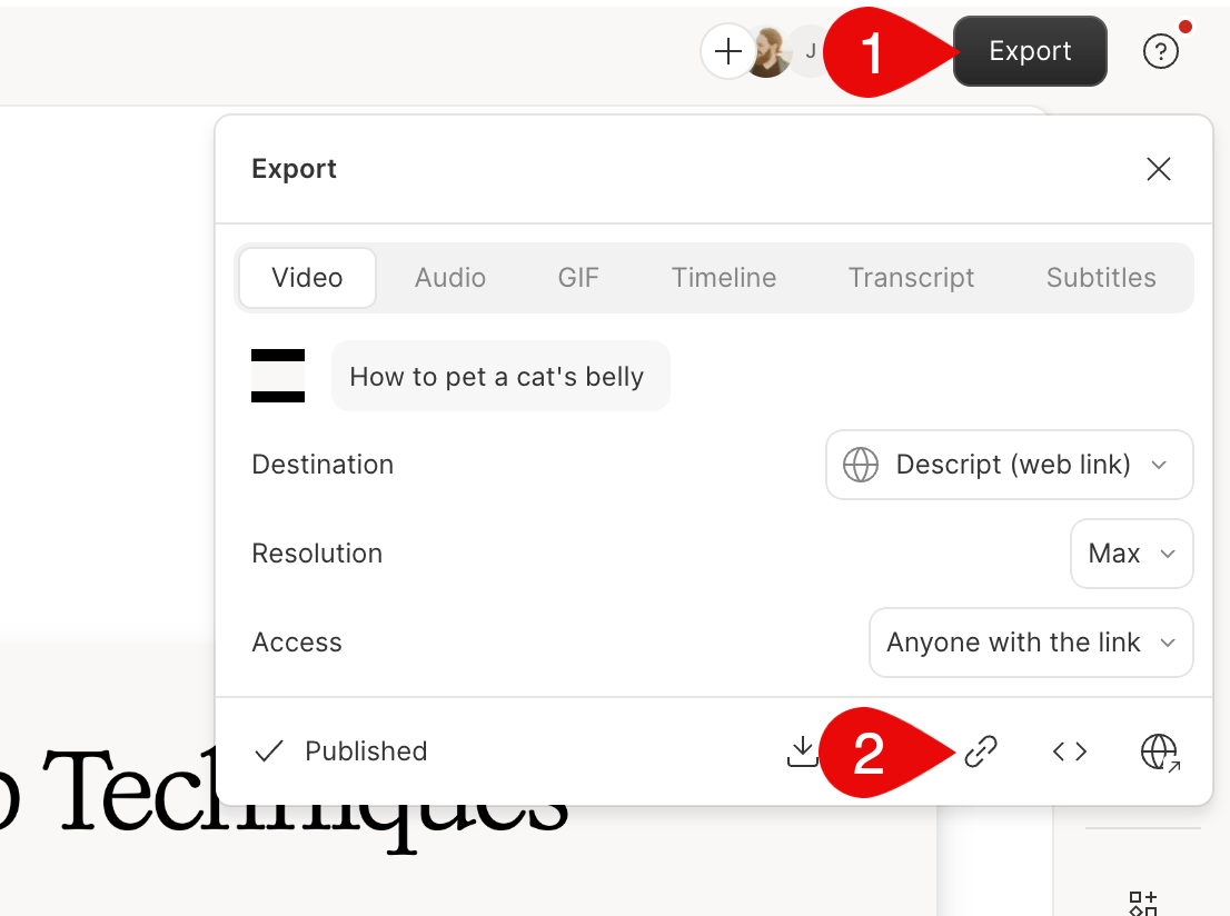 Copy link option in the Export panel
