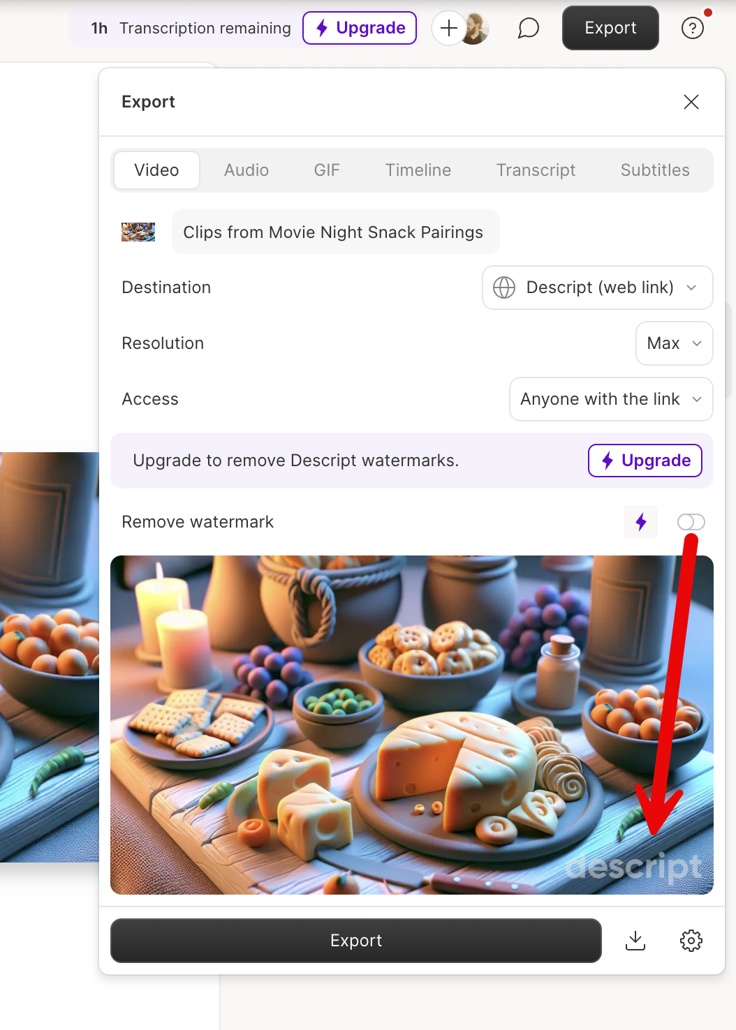 Example export showing a Descript watermark in the bottom-right corner. Press Esc to close.