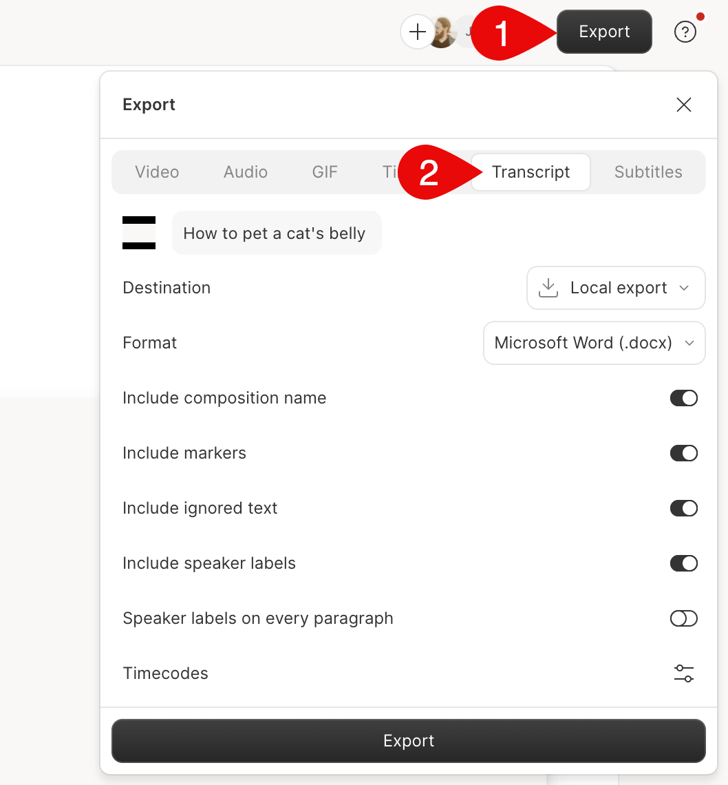 Screenshot of export window for transcripts in Descript