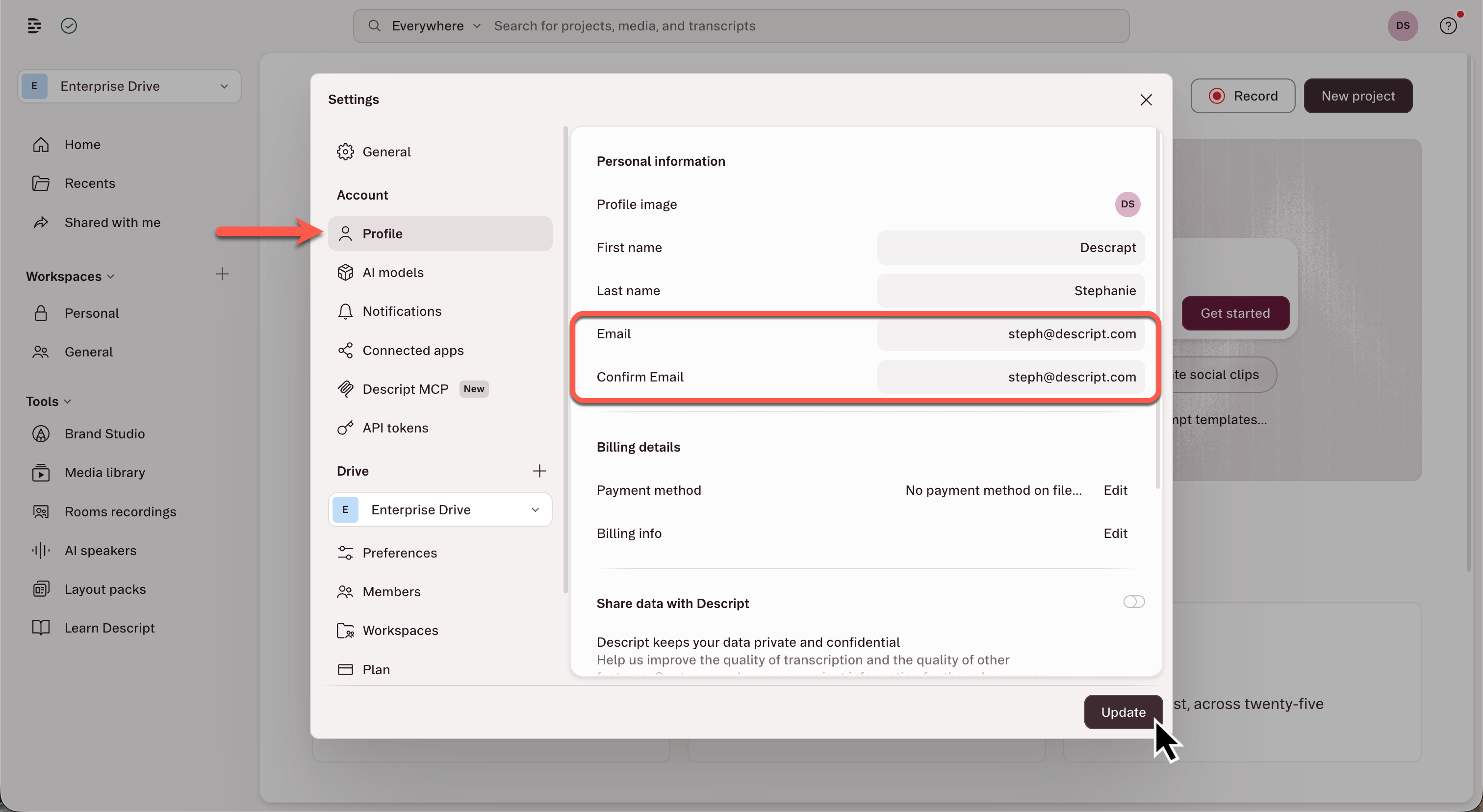 Email Update App Settings