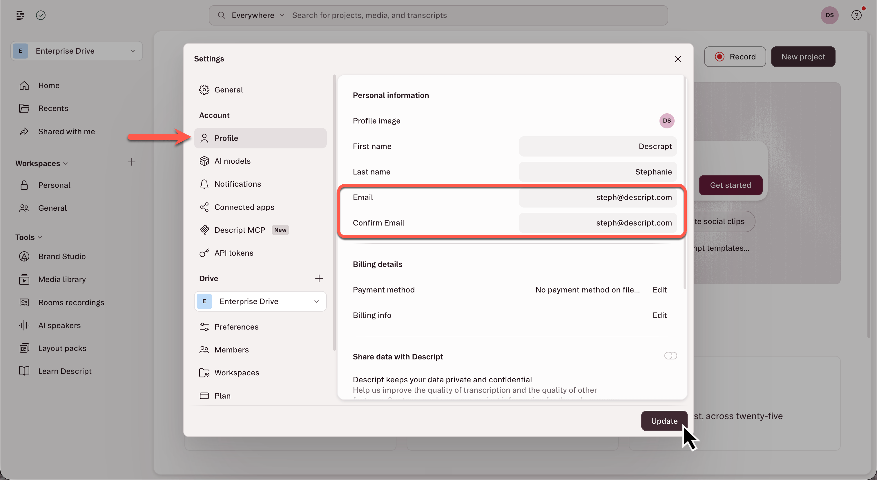 Email Update App Settings Email Update App Settings