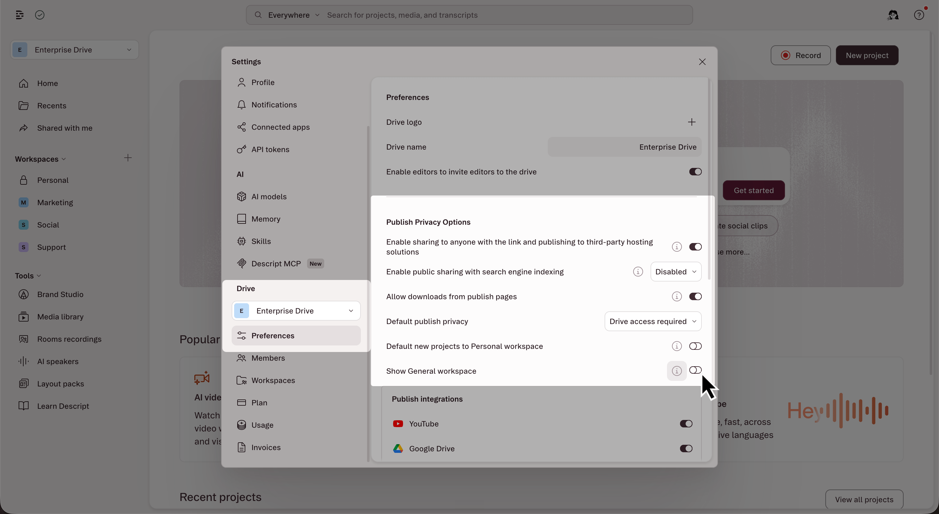 Hide General Workspace App Settings