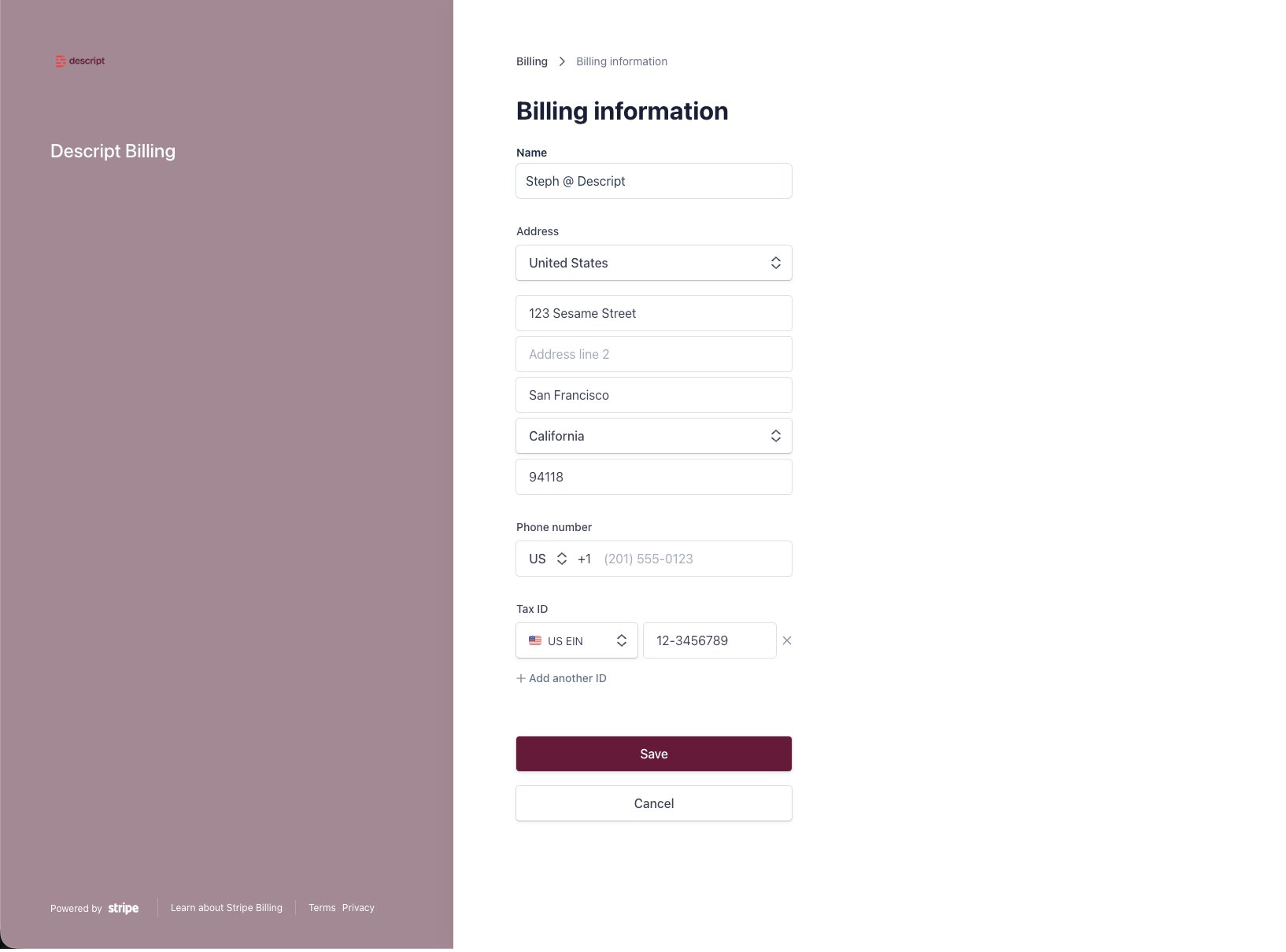 Billing info update page in Stripe