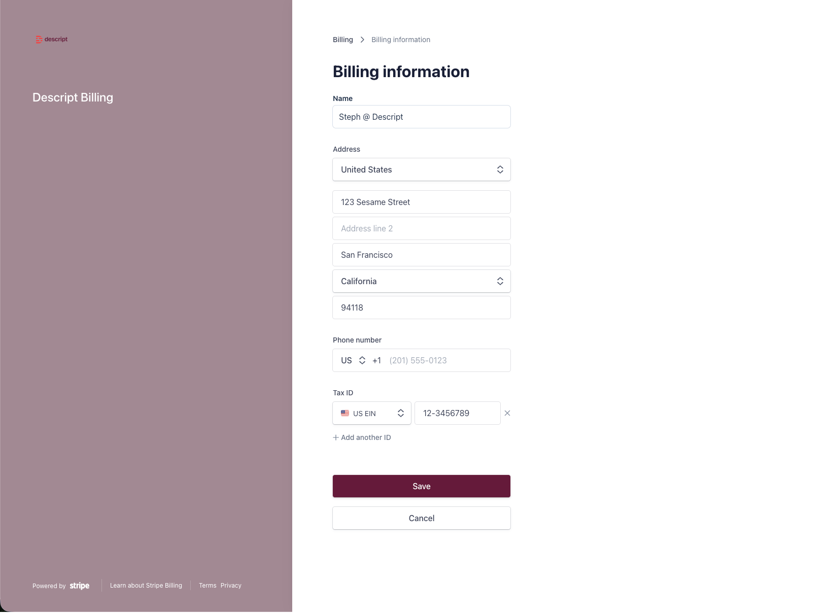 Billing info update page in Stripe