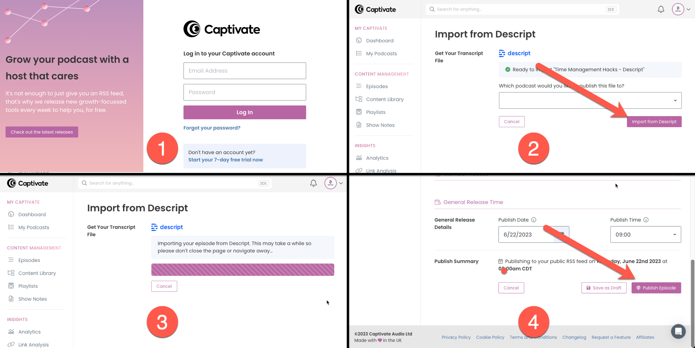 Steps for uploading a Descript export to Captivate, including login and publish interface