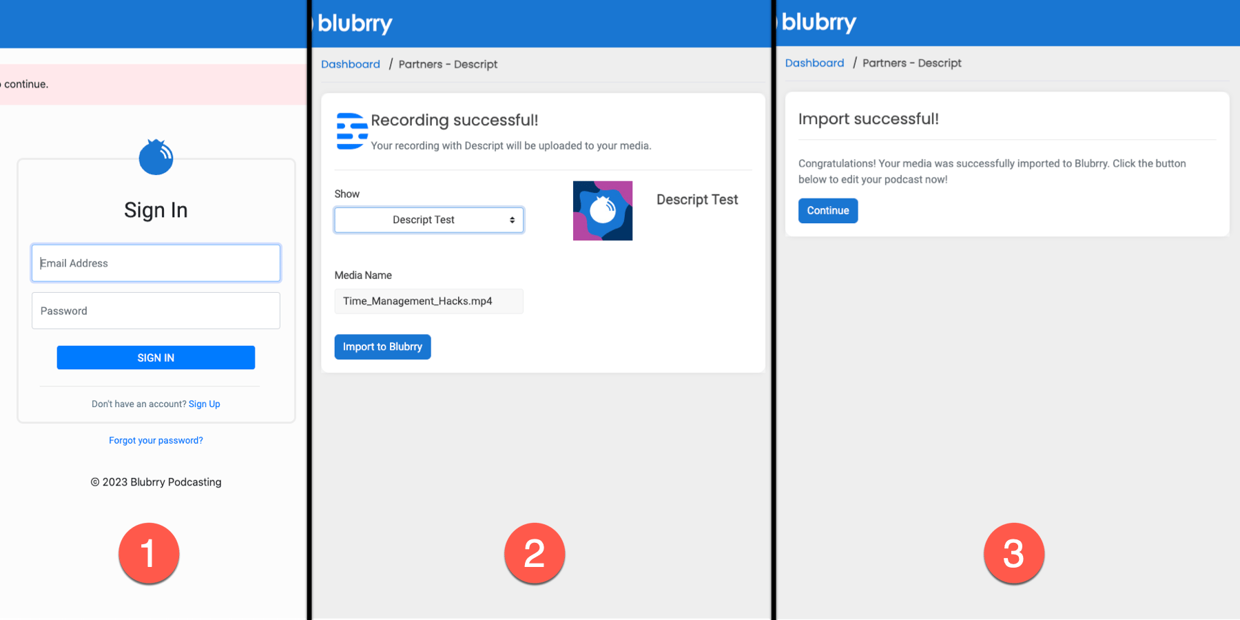 3 screenshots of Blubrry website with numbered steps for importing your Descript content