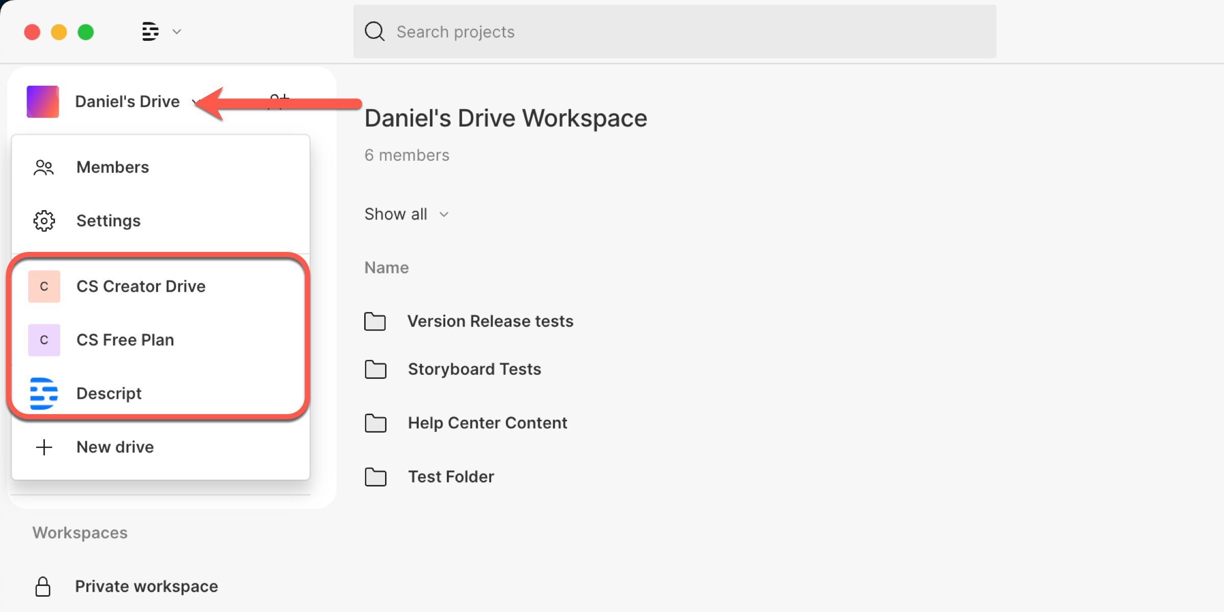 Drive view with arrow showing how to switch between Drives