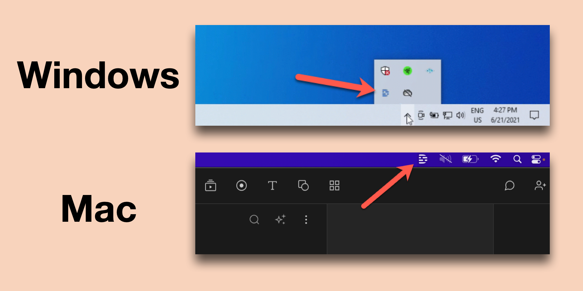 Arrows pointing out the location of Quick Recorder on Windows and Mac. Press Esc to close.
