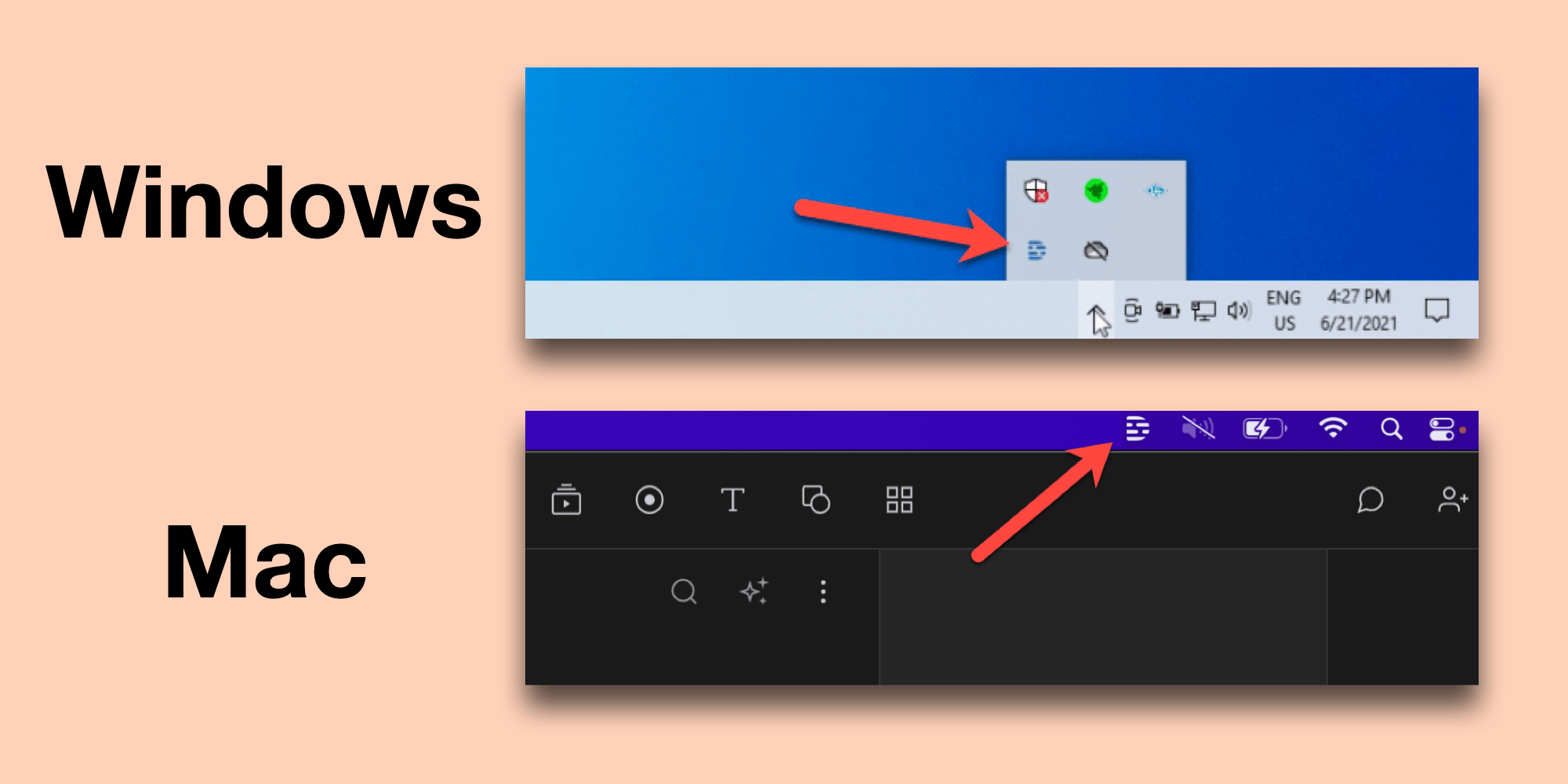 Arrows pointing out the location of Quick Recorder on Windows and Mac. Press Esc to close.
