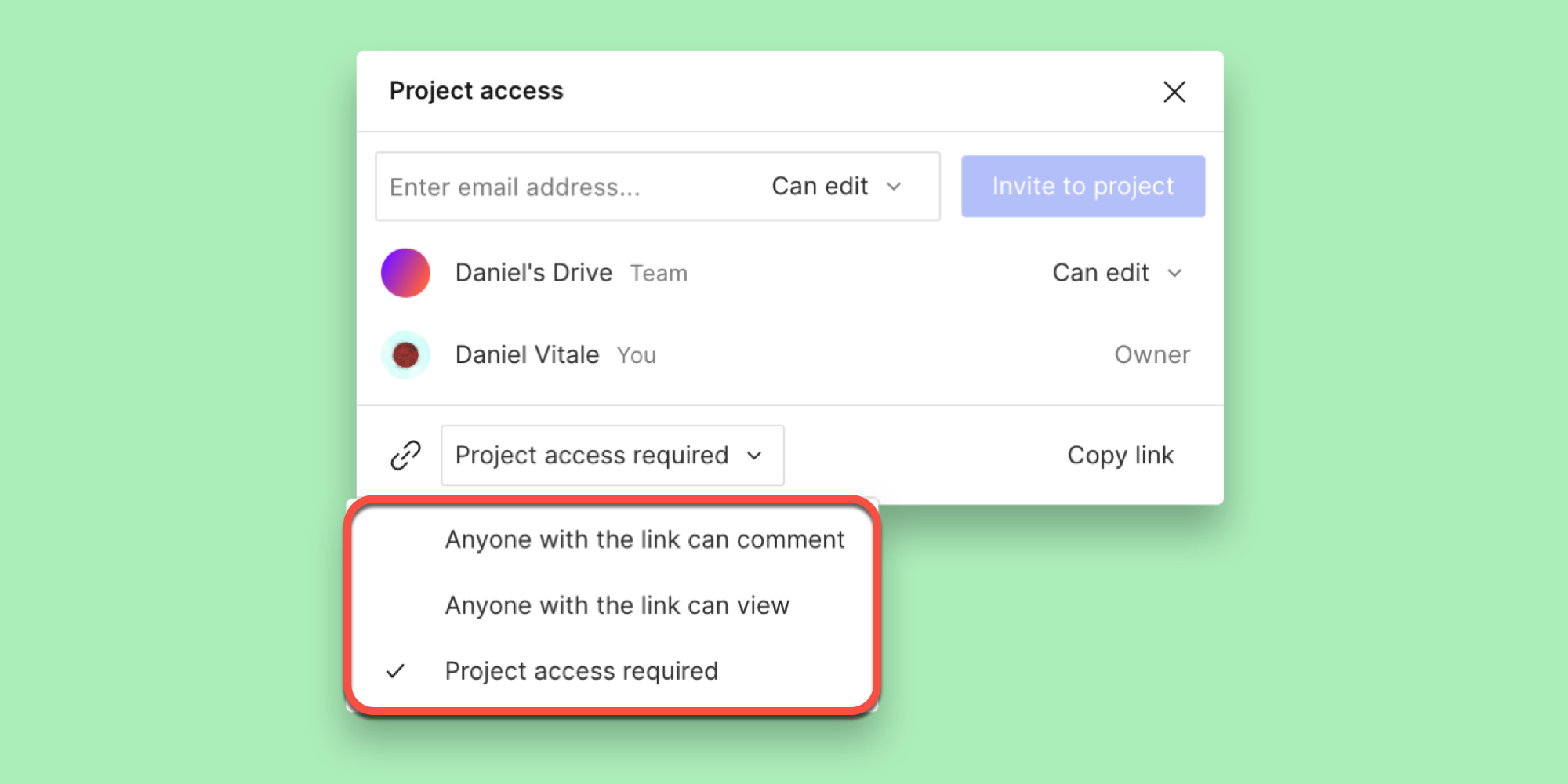 Project access panel with dropdown for Drive member permissions. Press Esc to close.