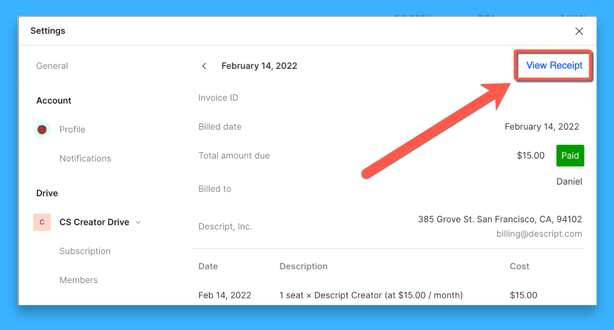 Invoice view showing View Receipt button