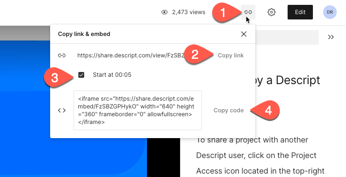 Link and embed options on the share page