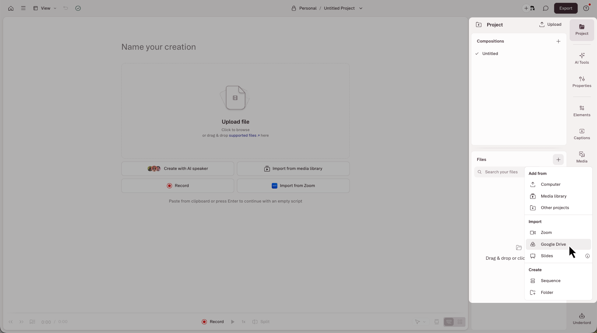 The project panel of the Descript editor. In the Files section of the sidebar, the + button is selected to reveal a menu, where the Google Drive option is selected.