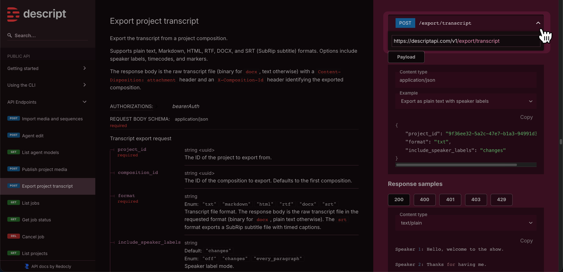 Descript's API docs, with the Endpoint URL drawer expanded in the right-hand sidebar