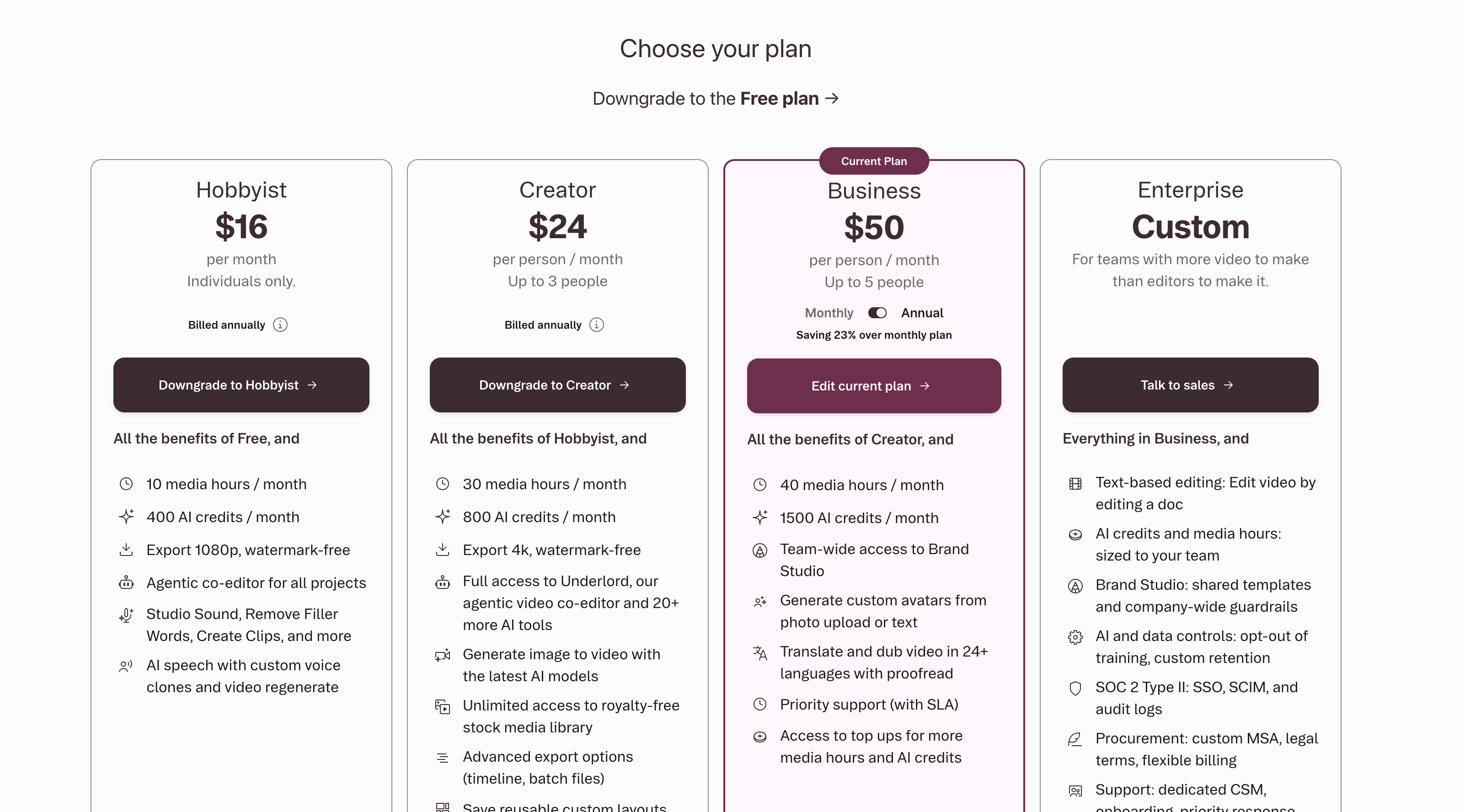 the Descript plans and pricing page, shown during the downgrade process